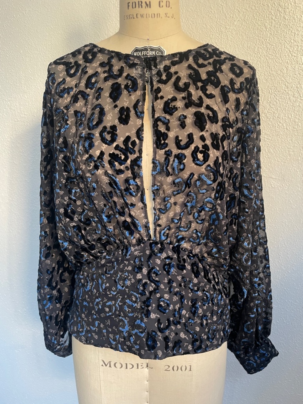 Black & Blue Leopard and rose Print Velvet Burnout Blouse
